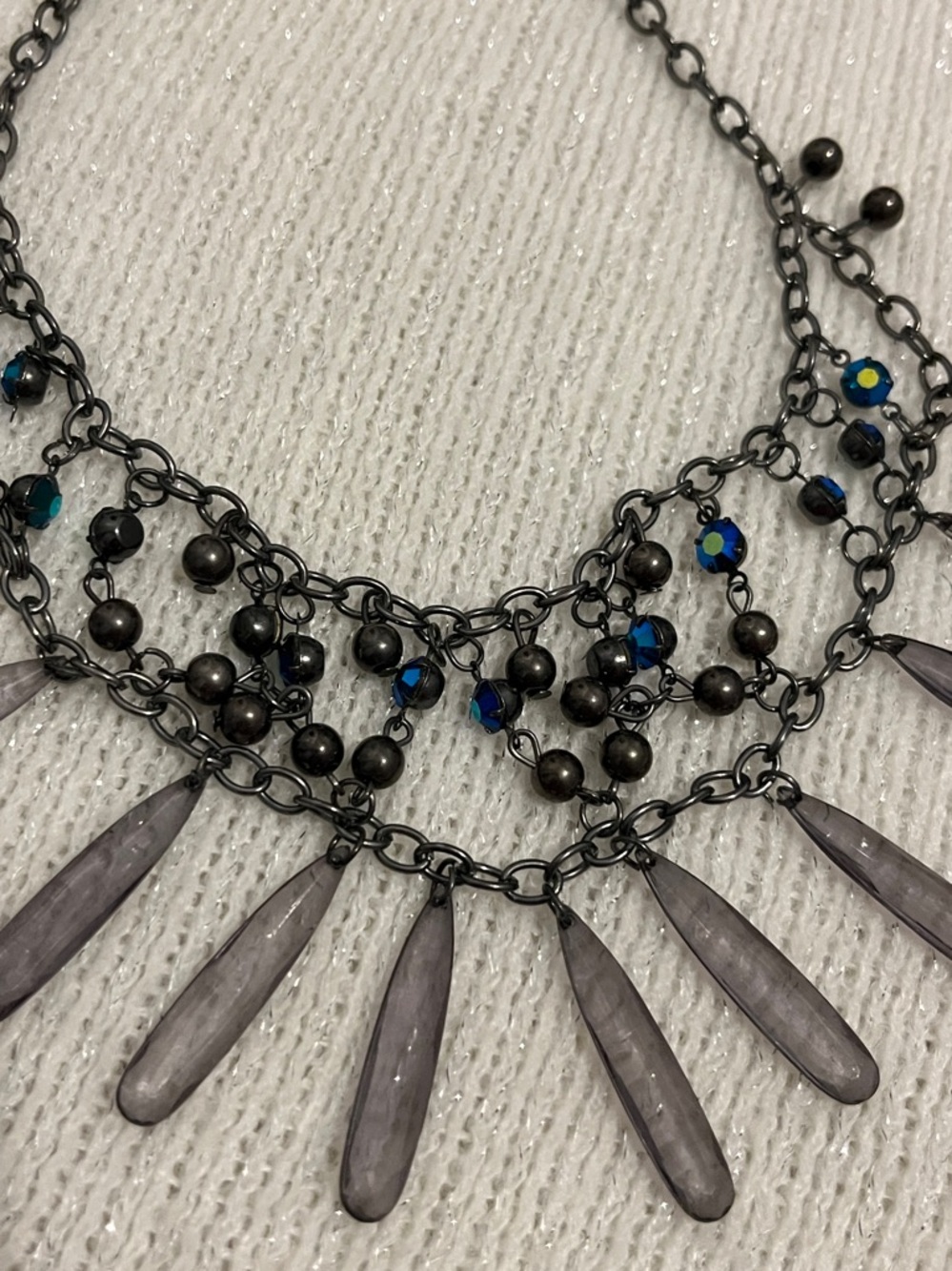 Delicate Gray and Blue Bead Fringe Necklace